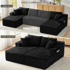 Tmsan 133.5" Black Sectional Sofa Couches for Living Room, Oversized U Shaped Cloud Modular Set with Cup Holders & Side Pockets & Deep Seat, Comfy Corduroy Foam Compressed No Assembly