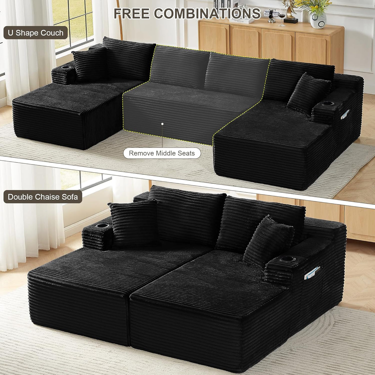 Tmsan 133.5" Black Sectional Sofa Couches for Living Room, Oversized U Shaped Cloud Modular Set with Cup Holders & Side Pockets & Deep Seat, Comfy Corduroy Foam Compressed No Assembly