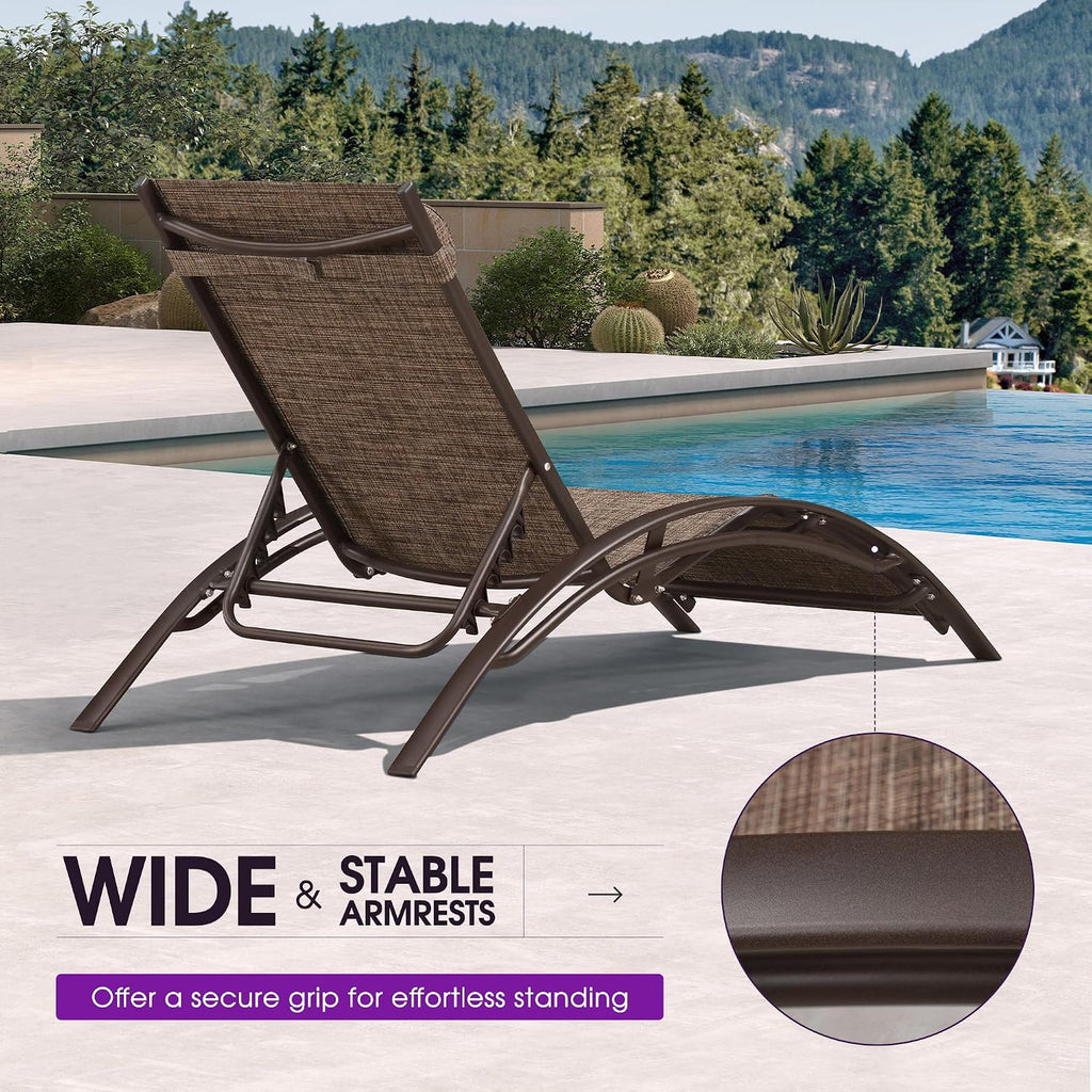 PURPLE LEAF Patio Pool Chaise Lounge Set of 3 Bronze Aluminum Chair, Brown | 2 Chaise + 1 Table, UV Textilene Fades Less, S-Curve Backrest with Arm, 5 Recline Angles, Adjustable Headrest, Stackable
