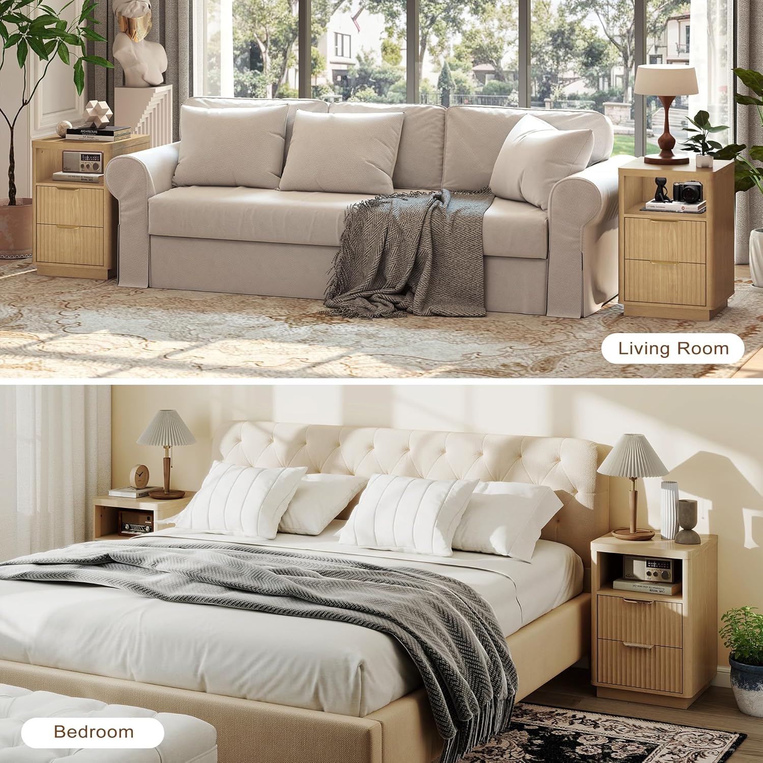 4-Piece Fluted Living Room Set Includes 31.5" Fluted Lift Top Coffee Table,59" Fluted Fireplace TV Stand for TVs Up to 70 inches and 2 Fluted Nightstands with Drawers,Natural Oak