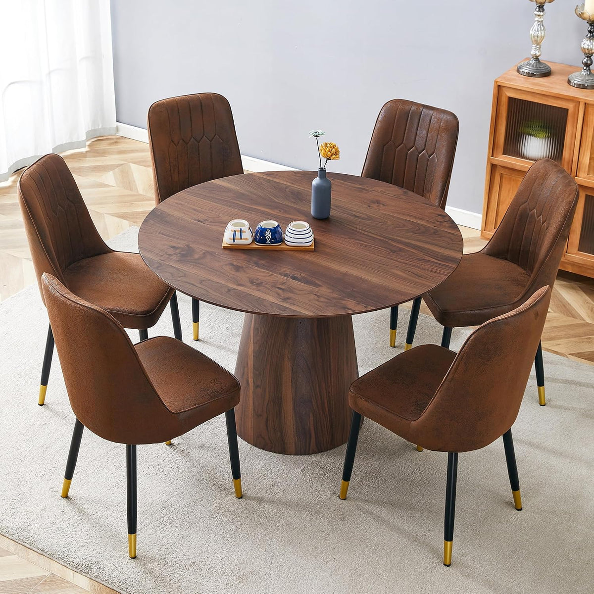 45'' Round Dining Table for 4 - Modern Farmhouse Kitchen Table with Cone Pedestal Base,Walnut Wood Dining Table for Small Spaces,Round Kitchen Table Ideal for Dining Room or Apartment