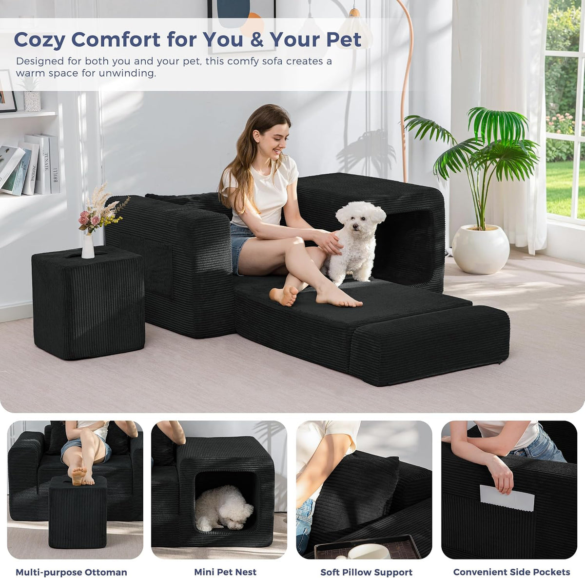 MAXYOYO Folding Sofa Couch, Convertible Floor Sofa with Armrest, Multifunctional Sofa with Pillow and Pockets, Couch for Living Room, Black