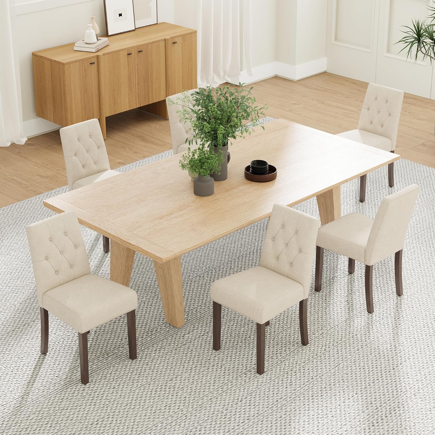 Upholstered Dining Chairs Set of 6 - Modern Parsons Kitchen & Dining Room Chair with Diamond Tufted Back, Solid Wooden Legs for Apartment, Café, Vanity