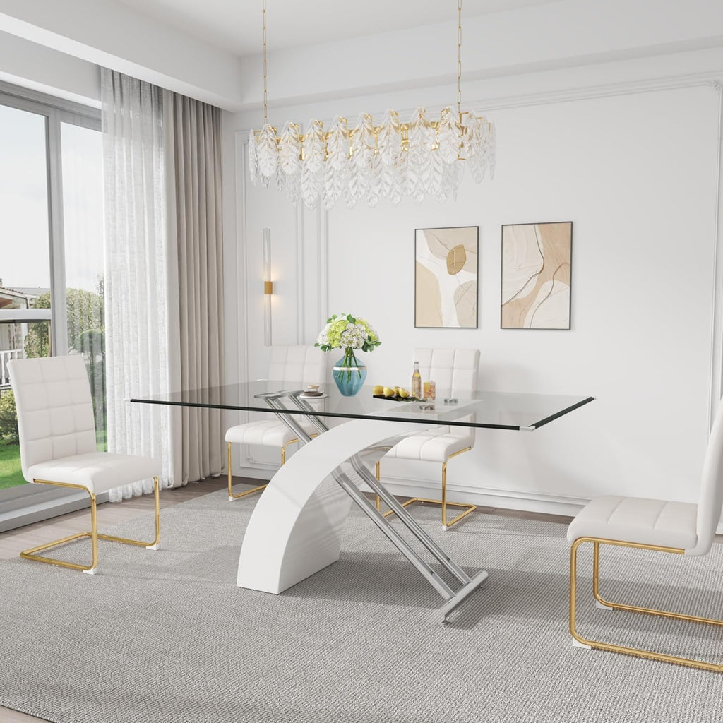Rectangular Glass Dining Table for 4-6 People, 63" Clear Tempered Glass Desktop with X-Shape Stainless Steel Base, for Kitchen, Living Room, Office, Silver White