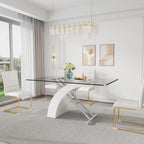 Rectangular Glass Dining Table for 4-6 People, 63" Clear Tempered Glass Desktop with X-Shape Stainless Steel Base, for Kitchen, Living Room, Office, Silver White