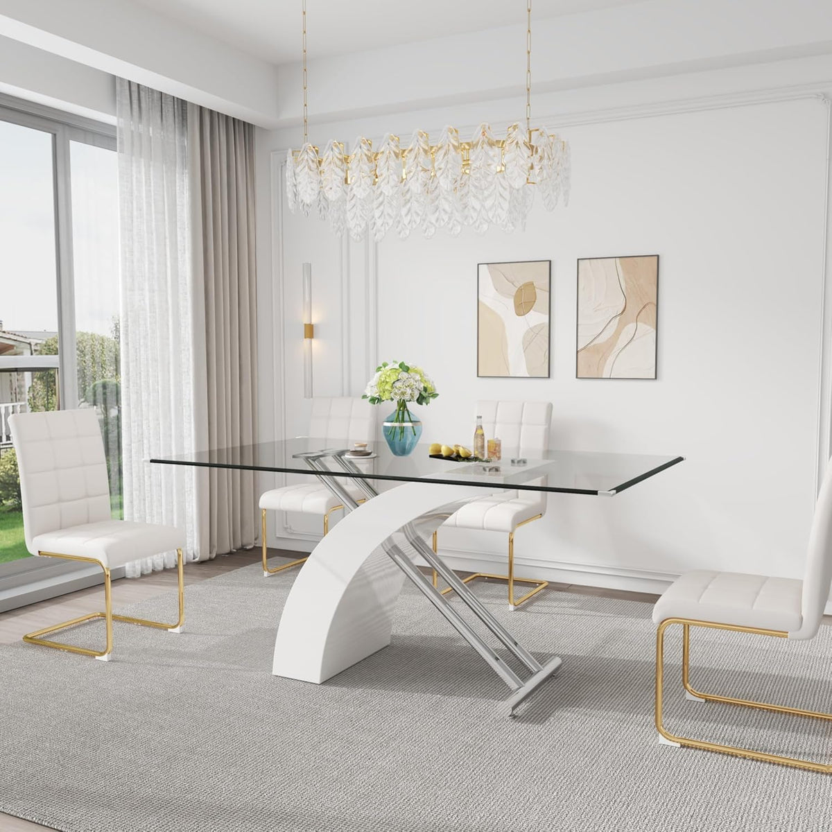 Rectangular Glass Dining Table for 4-6 People, 63" Clear Tempered Glass Desktop with X-Shape Stainless Steel Base, for Kitchen, Living Room, Office, Silver White