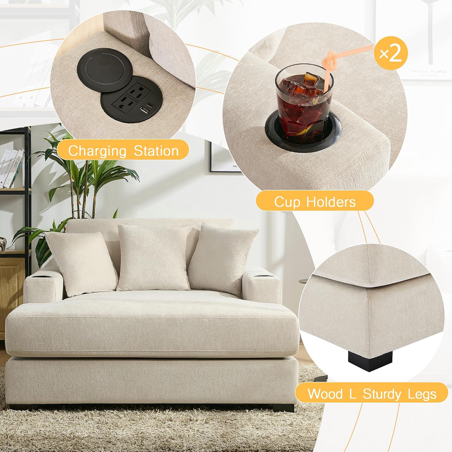 Merax Modern 55" Chaise Lounge with Pillow, Charge Station & Cup Holders,Upholstered Sofa Recliner Chair for Living Room Bedroom Cream