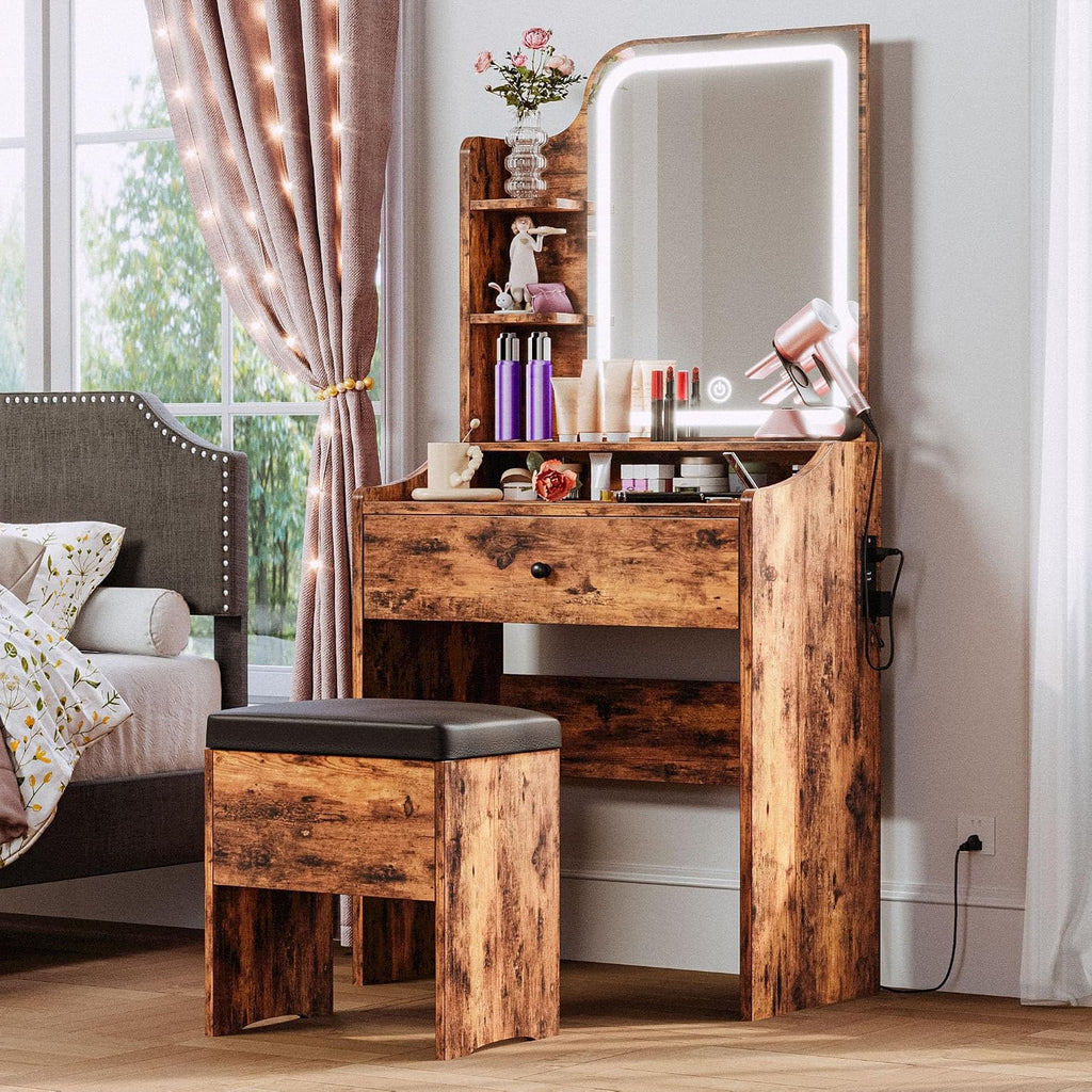 LIKIMIO Small Vanity Desk with Mirror Lights and Storage Stool | Vintage brown compact vanity with 3 light modes, charging station, storage drawer, 3 shelves and upholstered stool