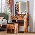 LIKIMIO Small Vanity Desk with Mirror Lights and Storage Stool | Vintage brown compact vanity with 3 light modes, charging station, storage drawer, 3 shelves and upholstered stool
