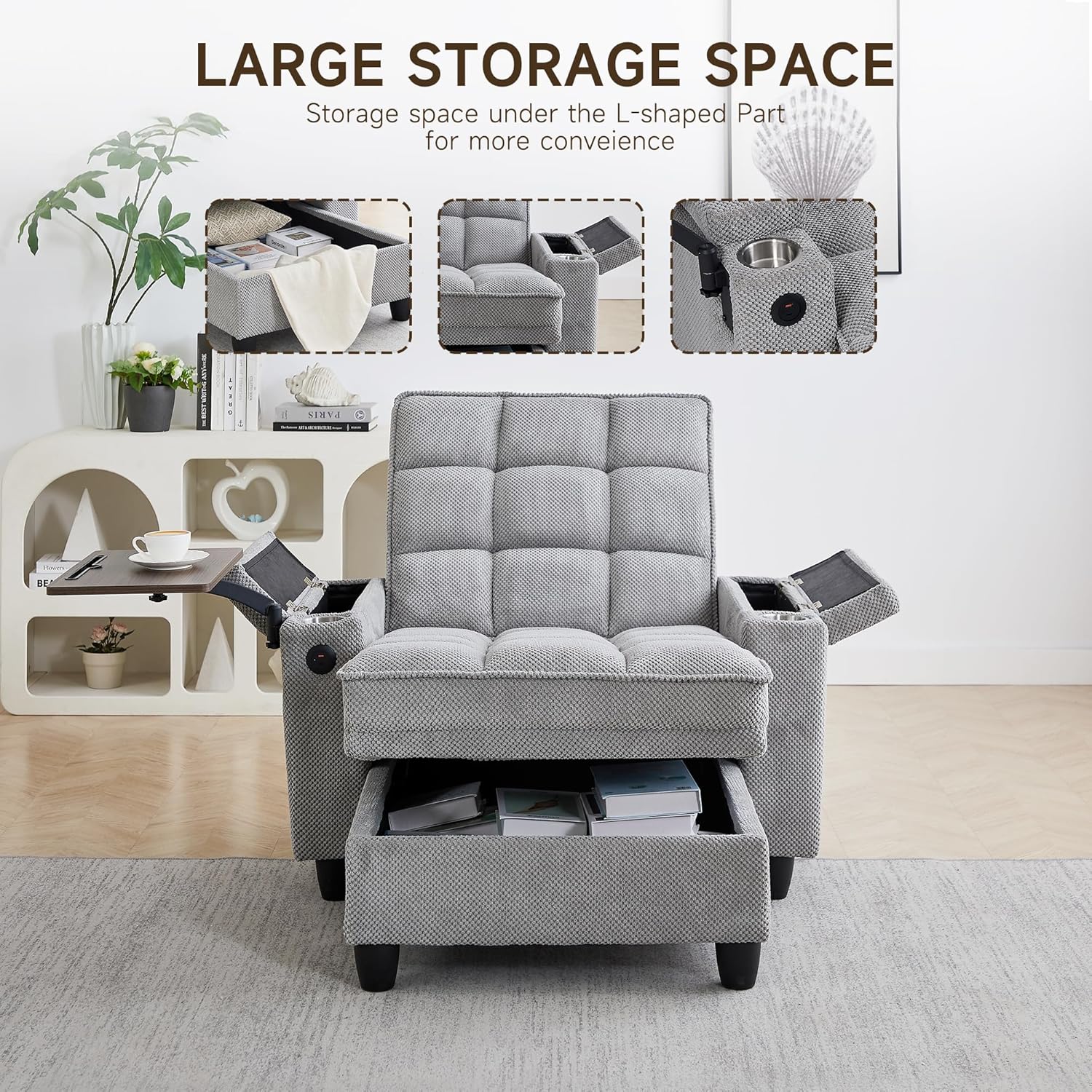 hansones 41.7" Chaise Lounge Chair Indoor, Sofa Bed with Adjustable Backrest, Sleep Sofa Couch, Deep Seat Reading Chair, Couches for Living Room with Storage & 360° Swivel Side Table (Gray, 41.7")