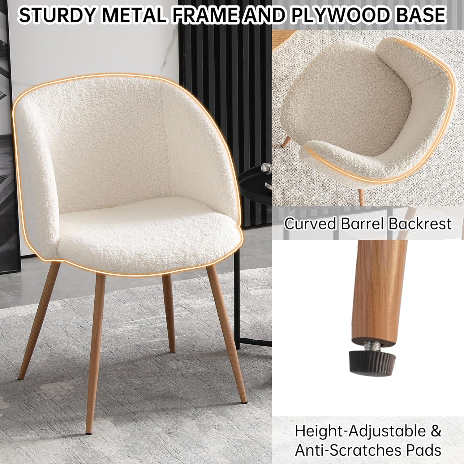 Homedot Dining Chairs Set of 6, Upholstered Sherpa Kitchen Chairs with Curved Back, Padded Seat with Wood Grain Metals, Modern Dining Side Bedroom Chairs Barrel for Kitchen Dining Room, Off White