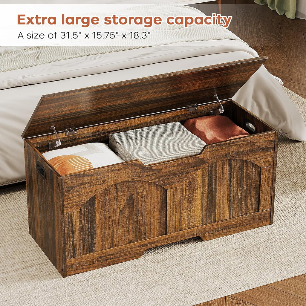 oakvivo Storage Chest, 31.5" Storage Bench with 2 Safety Hinges, Farmhouse Style, 31.5 x 15.7 x 18.3 Inches, U-Shaped Opening for Entryway, Bedroom, Living Room, Supports 330 lb, Rustic Brown
