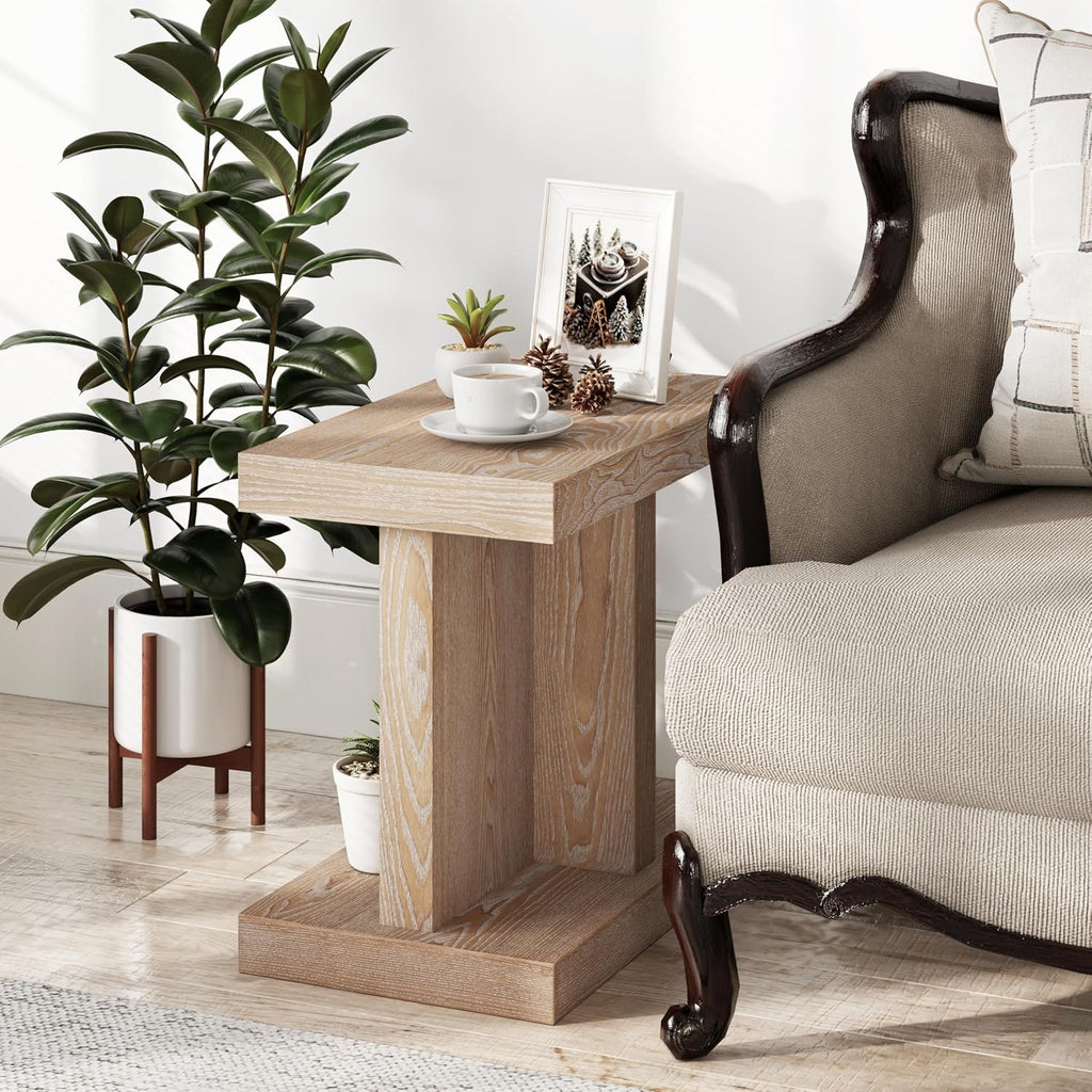 COZAYH Farmhouse Wood End Table with Open Base Shelf, Modern Minimalist Rectangular Side Table Plant Stand for Living Room, Bedroom, Natural Grain Finish
