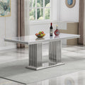 68 in Faux Marble Dining Table for 4-6, White Marble Dining Table with Silver Stainless Steel Base, Luxury Rectangular Dining Room Table for Kitchen, Living Room, Apartment, Family Meals, Dinner Party
