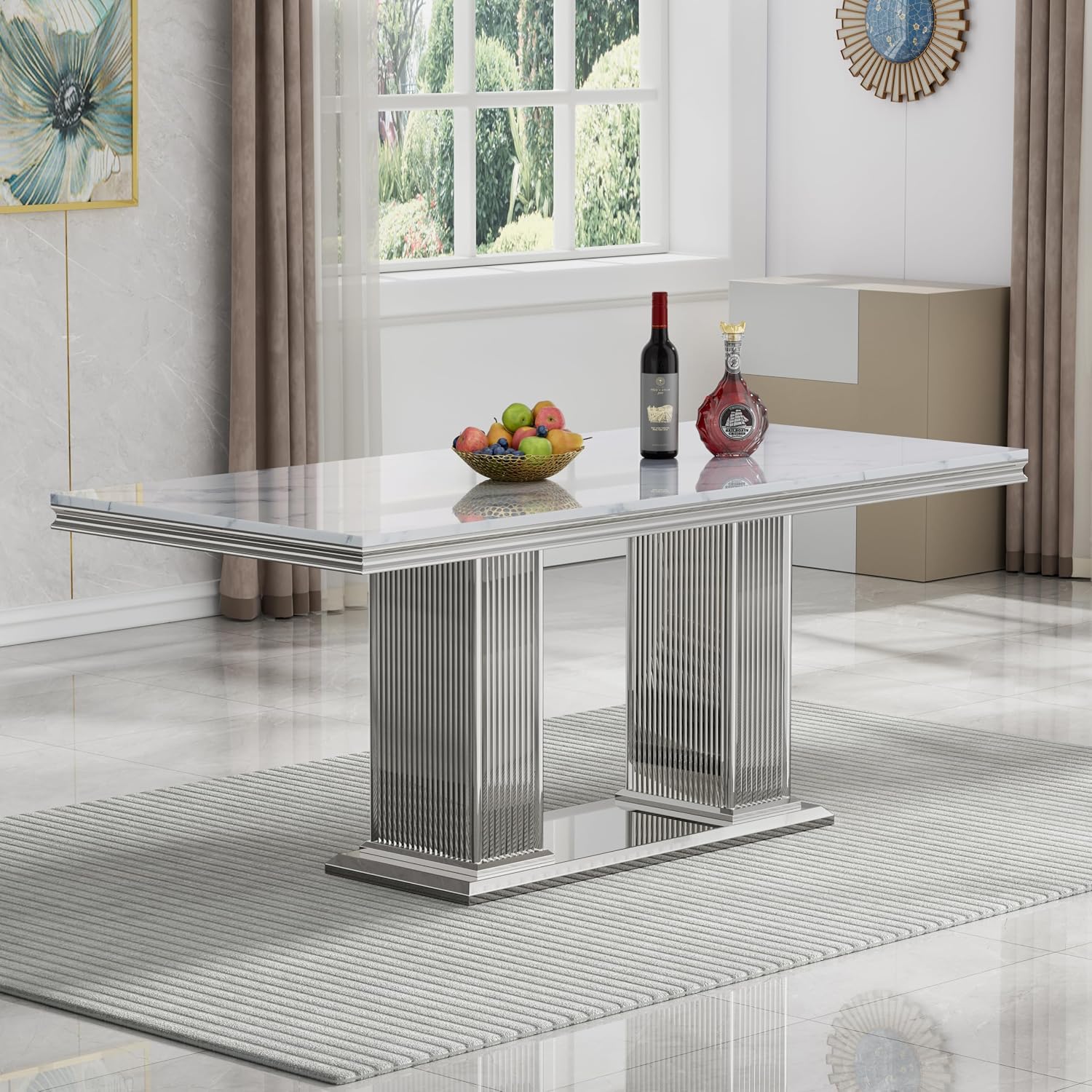 68 in Faux Marble Dining Table for 4-6, White Marble Dining Table with Silver Stainless Steel Base, Luxury Rectangular Dining Room Table for Kitchen, Living Room, Apartment, Family Meals, Dinner Party