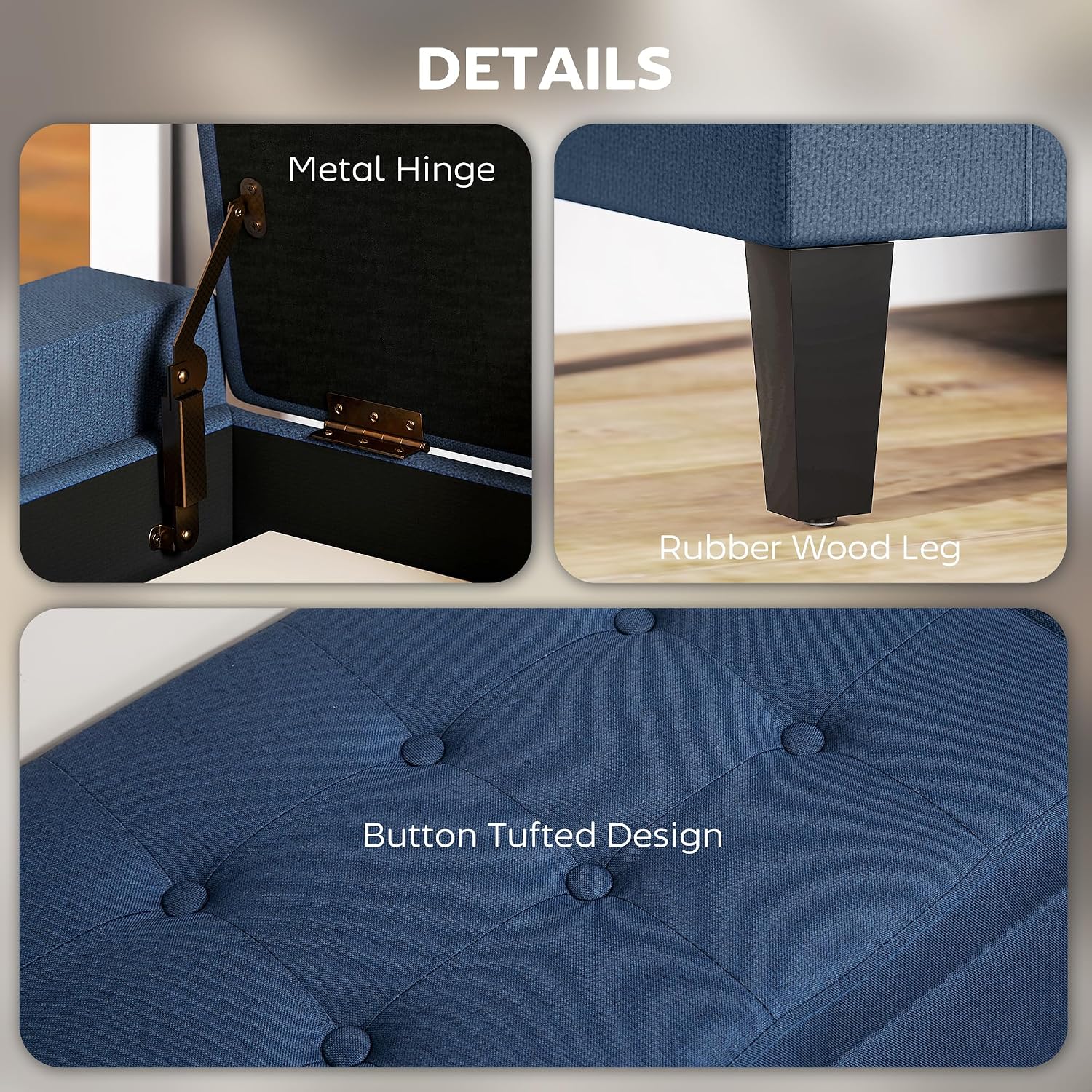 HOMCOM 36" Ottoman with Storage, Lift Top Rubberwood Legs 330 lb Dark Blue | Storage Ottoman Bench, Linen Upholstered Entryway Seat, Living Room, Bedroom