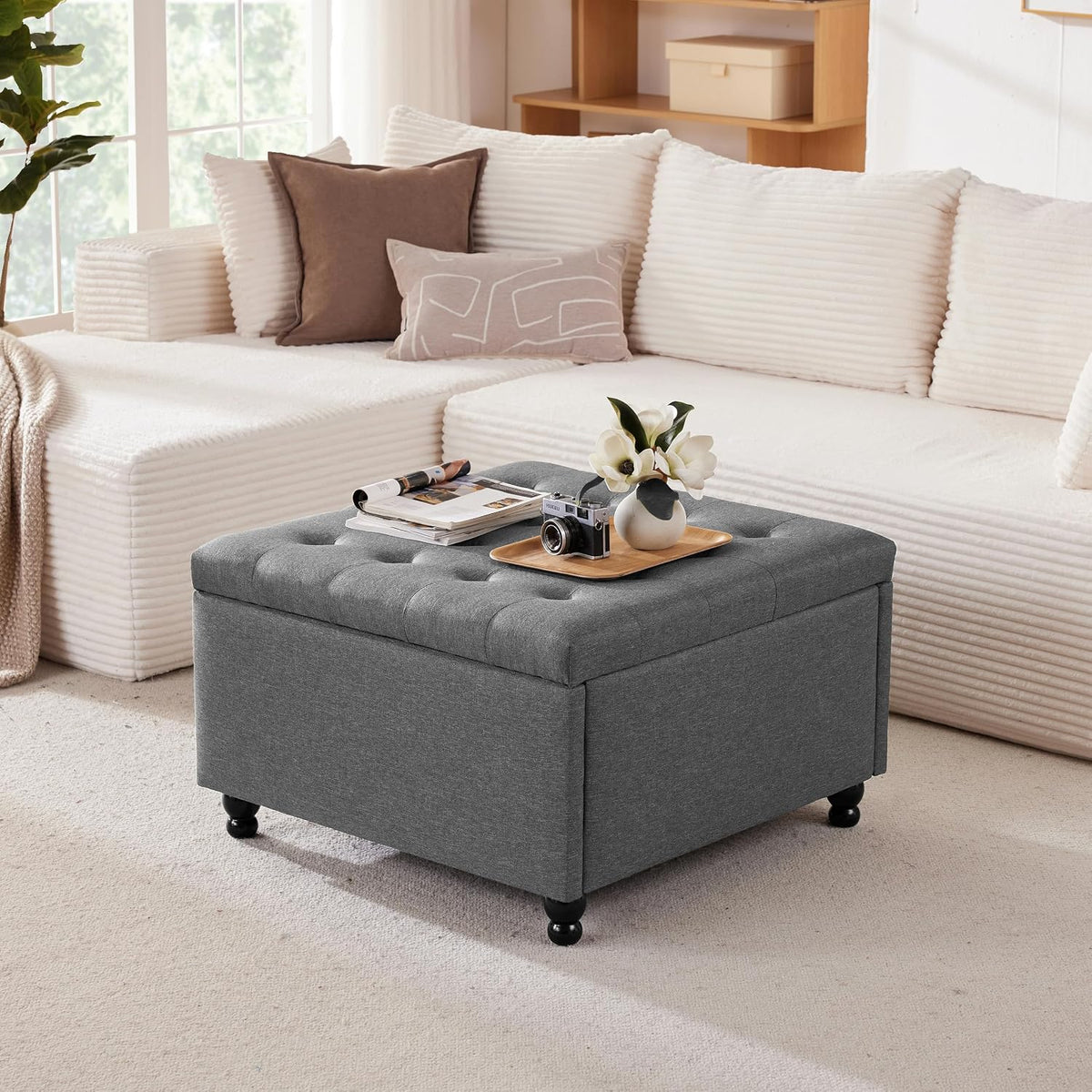 30" Large Square Ottoman with Storage, Fabric Ottoman Coffee Table, Grey | Tufted Upholstered Ottoman for Living Room, Oversized Square Storage Ottoman for Bedroom and Entryway, Solid Wood Frame