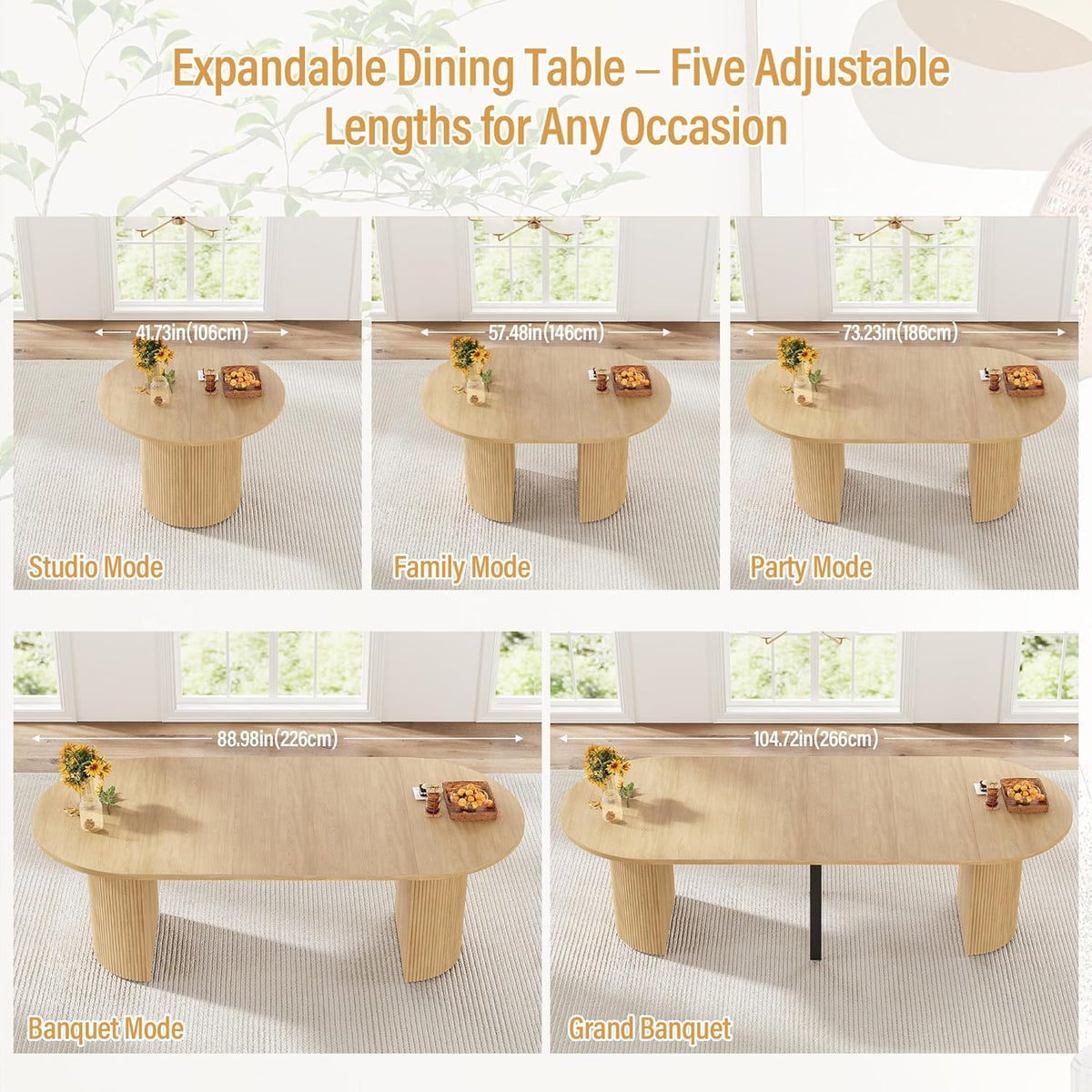 weselon 42"-105" Extendable Dining Table for 4-12, Expandable Oval Dining Room Table with Fluted Pedestal Base & Reinforced Metal Support Leg, Large Modern Kitchen Table for Dining Room (Natural)