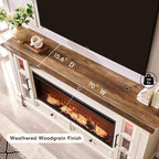 OKD 70" Farmhouse TV Stand with 42" Electric Fireplace, Antique White | 36" Tall, Glass Door Side Cabinets with LED, Open Cubby, Storage Drawers, Cable Management, Media Console for Living Room