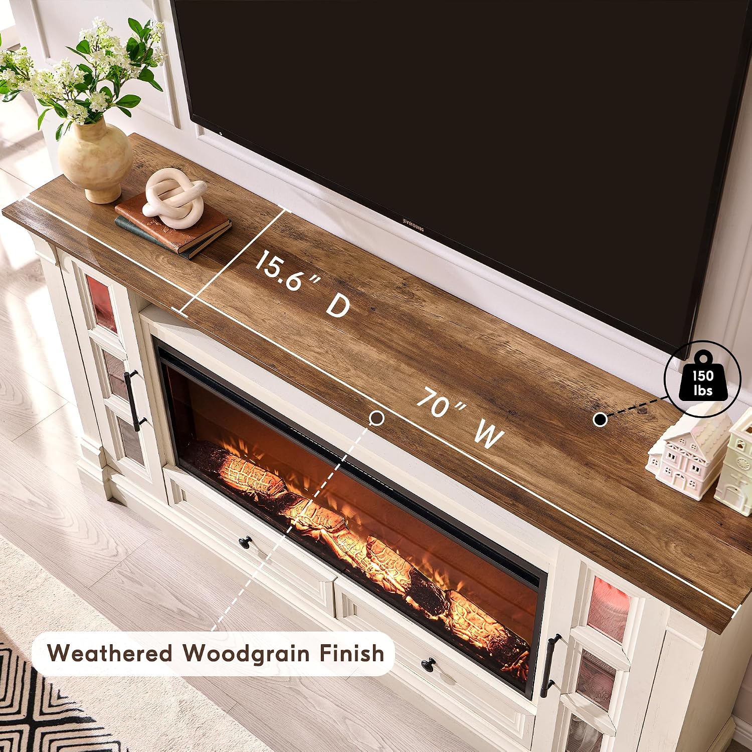 OKD 70" Farmhouse TV Stand with 42" Electric Fireplace, Antique White | 36" Tall, Glass Door Side Cabinets with LED, Open Cubby, Storage Drawers, Cable Management, Media Console for Living Room