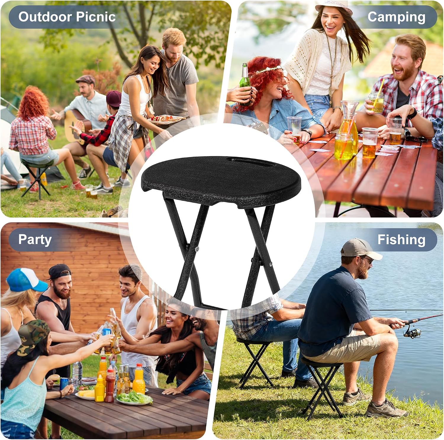 VECELO Folding Stool 18" with Handle, Solid Bottom Support, Iron X-Frame, 500 lbs Capacity, Anti-Slip Feet, Easy Clean, Lightweight Foldable Stool for Camping, Kitchen, Vanity and Outdoor, Black