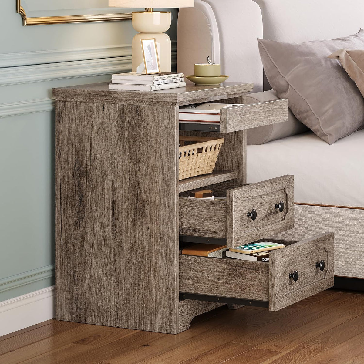 LIKIMIO Nightstand Set of 2, Night Stand with Pull Out Tray, Wooden Bedside Table with 2 Drawers and Open Shelf, Side Table for Bedroom, Grey