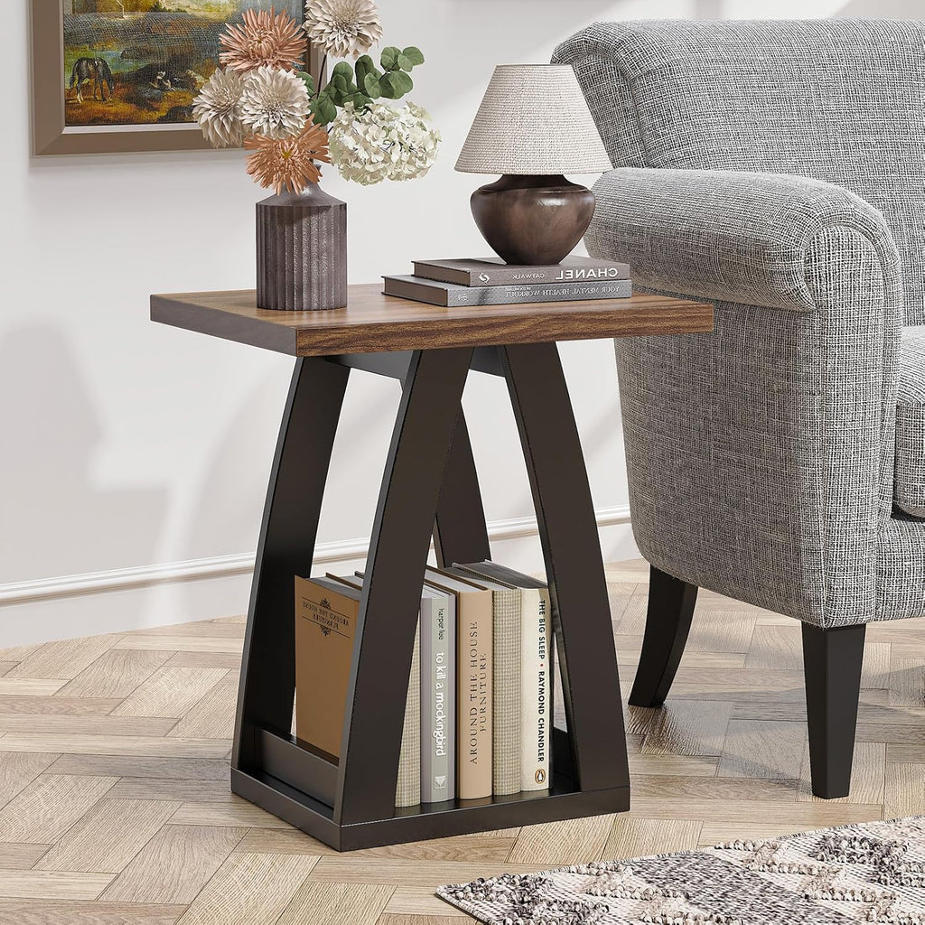 End Tables Living Room. Side Table Beside Sofa. Modern End Table for Living Room. Couch Side Table with Shelf. Black-Brown Wood Side Tables