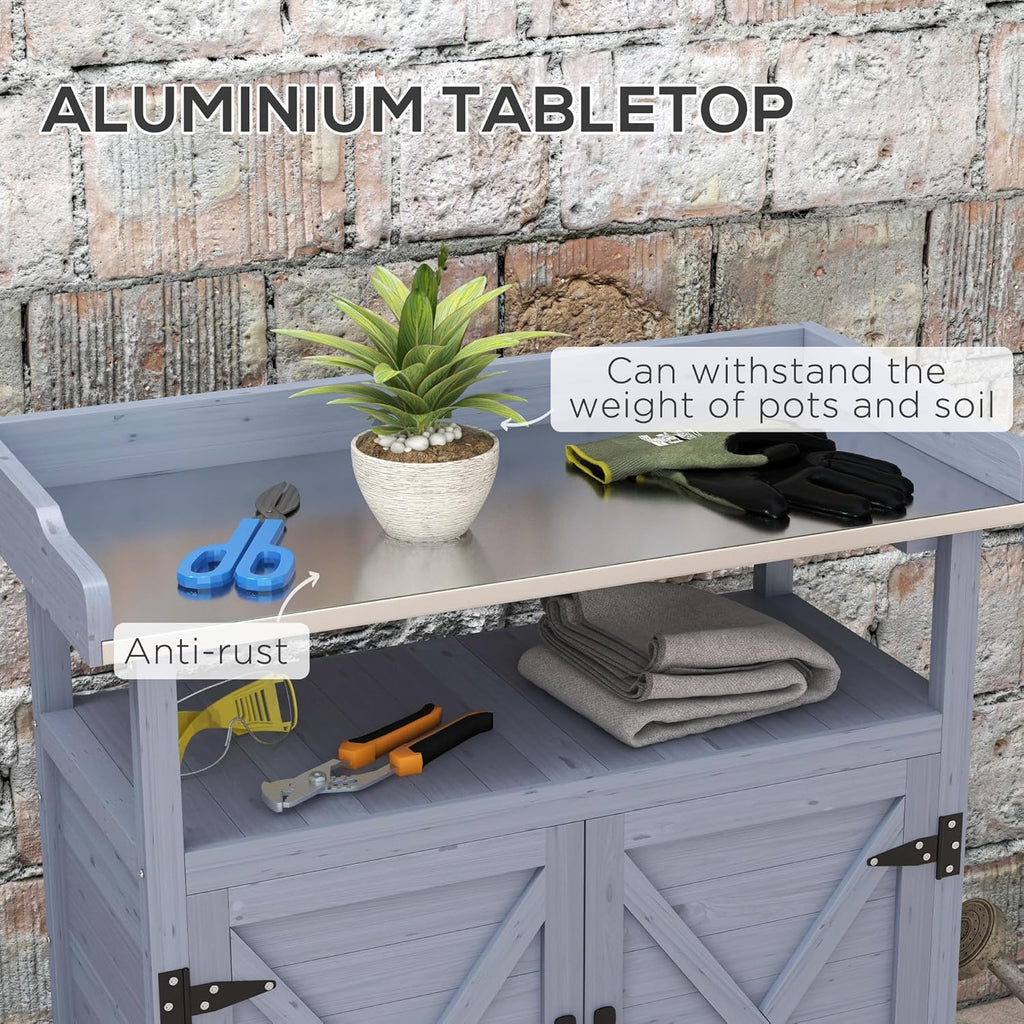 34" Rustic Freestanding Storage Chest, Accent Cabinets with Rubber Wheels, Utility Organizer with Aluminum Table Top for Patio, Gray