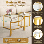Glass Nesting Coffee Table Set with Metal Frame & Glam Design, Transparent | Modern Round Cocktail Center Table with Tempered Glass, Luxury for Living Room & Home Decor