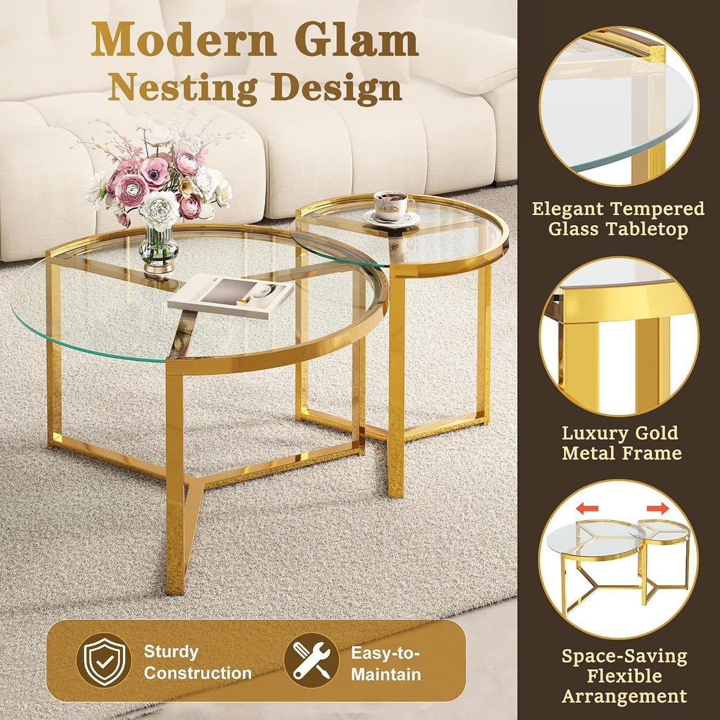 Round Nesting Coffee Table Set of 2 with Gold Frame & Mirrored Top, Black | Modern Circular Cocktail Tables with Tempered Glass, Space-Saving for Living Room & Apartment