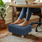 COTTON CRAFT Braided Footrest - Handknitted Dori Foot Stool with Sturdy Wood Legs – Handmade Boho Leg Rest - Small Spaces Under Desk Living Room Entryway Low Footstool Pouf - 16.5x12x9.5 - Blue