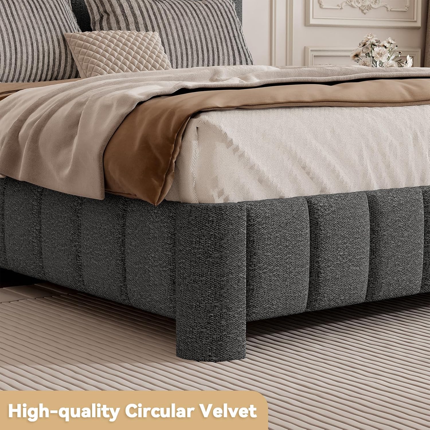 Queen Bed Frame with Adjustable Headboard, Boucle Queen Size Bed Frame