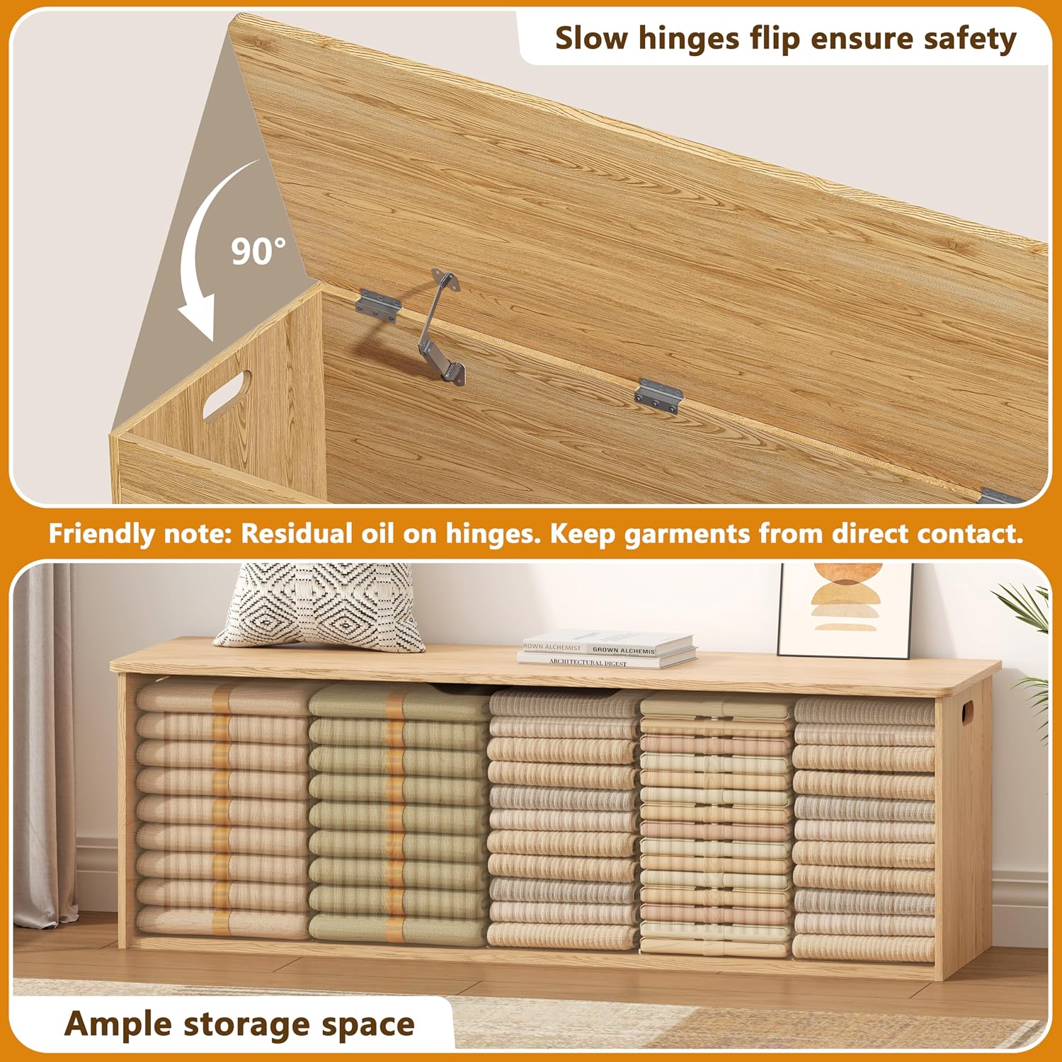 Akxomel 51.2" Fluted Storage Chest Wooden Storage Trunk 2 Safety Hinges Oak | Large Storage Chest with 2 Safety Hinges & Lift Top, Wooden Box Bench, for Living Room, Entryway, Bedroom