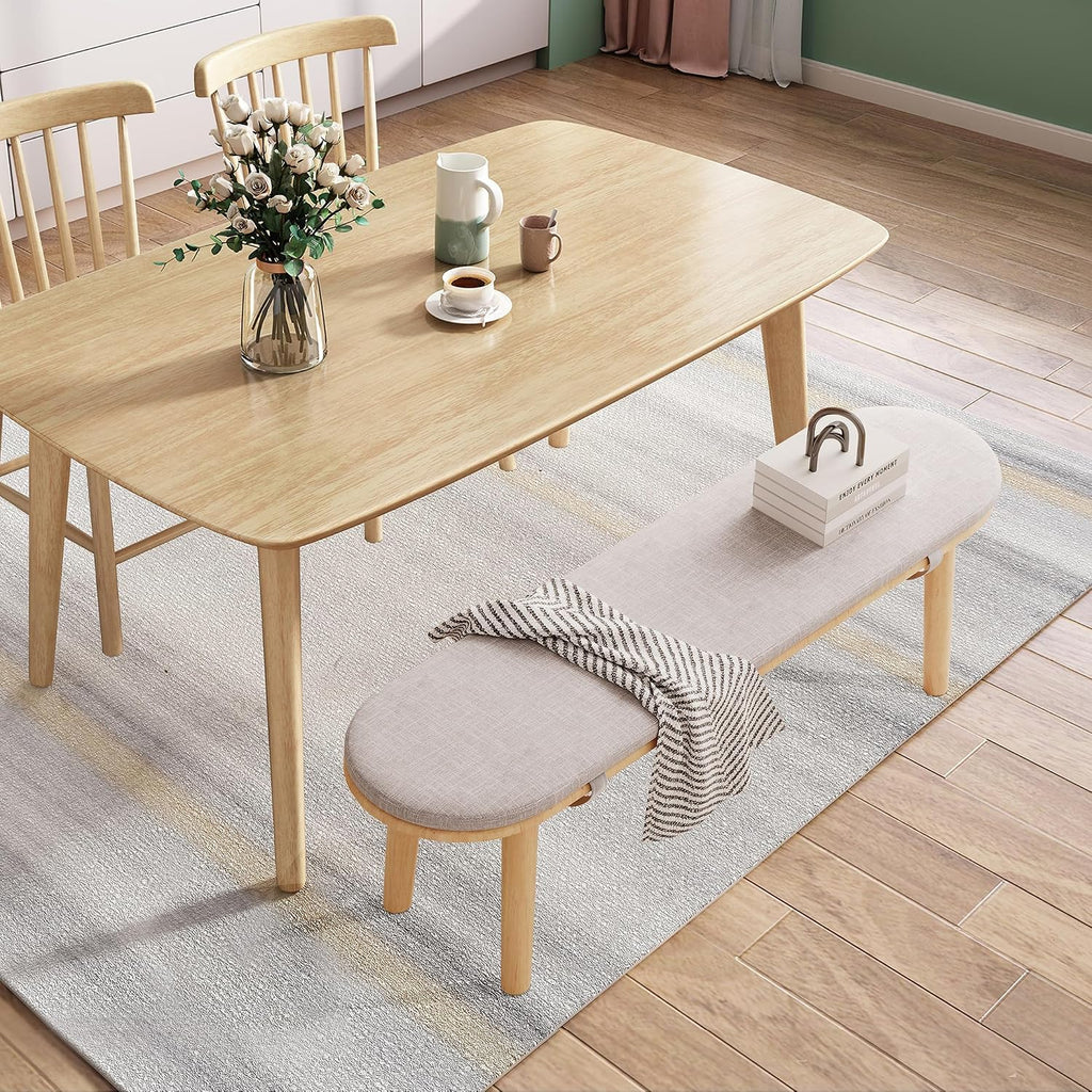 63" Dining Bench Rubber Wood for 6-8 Person,Bedroom Bench,Window Bench,Entryway Bench,Upholstered Bench,with Padded Seat and Solid Wood Leg for Kitchen,Indoor and Hallway,Beige, 63in.