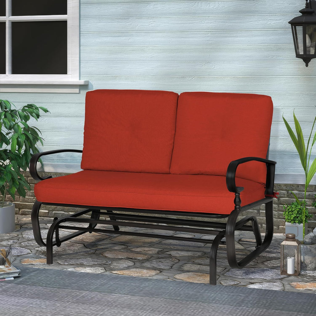 Crownland Outdoor Patio Glider Chair for 2-Person, Red | Wrought Iron Frame with Textilene Seat, Cushioned Loveseat, Smooth Gliding Bench for Porch, Garden, Backyard