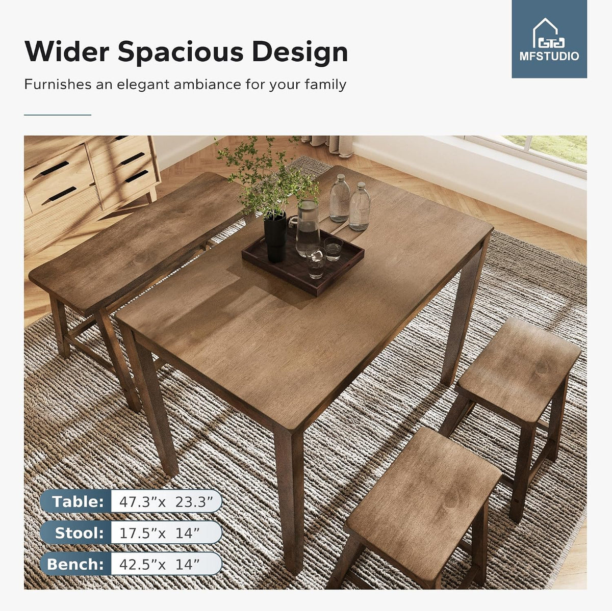 MFSTUDIO Dining Table Set for 4, Counter Height Table and Chairs, Kitchen Table Set with Bench, Breakfast Bar Table and Chairs Set Space Saving, Rustic Caramel
