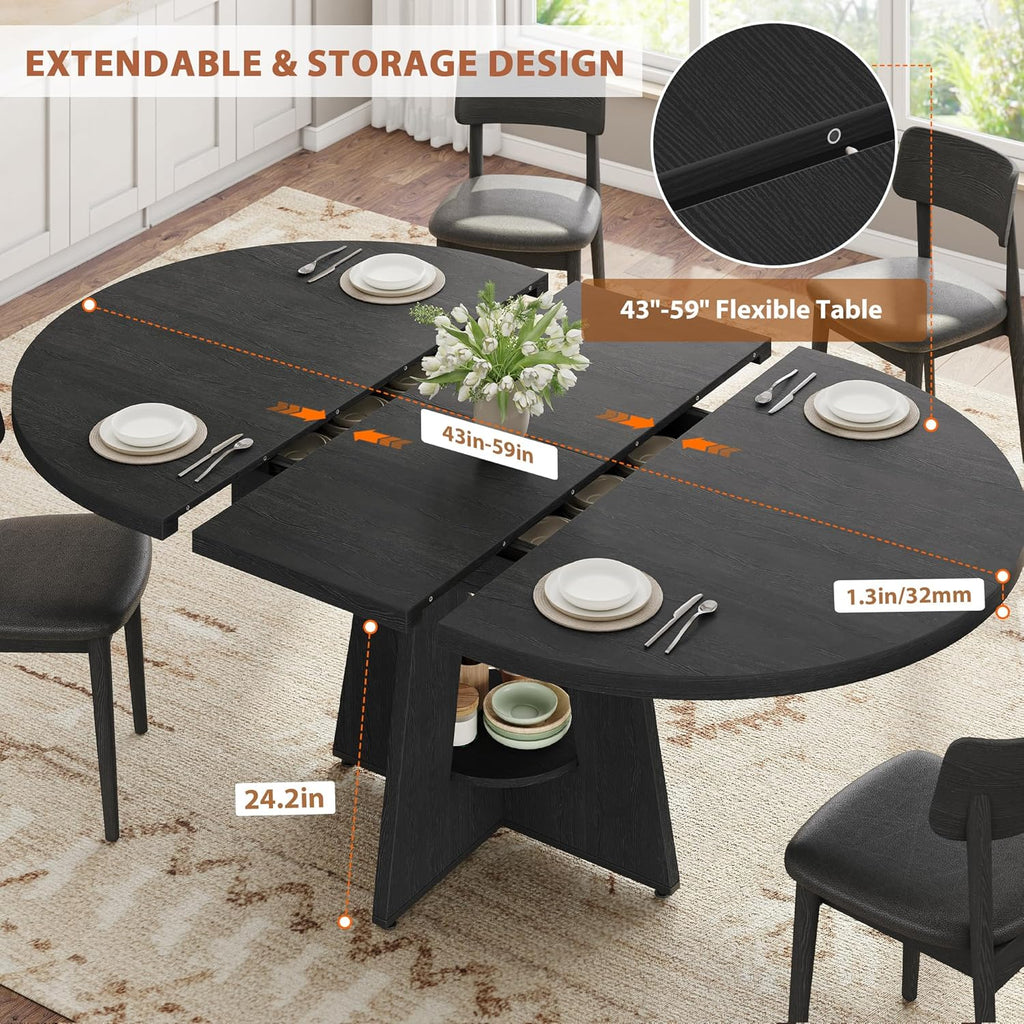 43''–59'' Extendable Dining Table, Round Kitchen Dining Room Dinner Table with for 4 6 8 People, Space Saving Modern Oval Expandale Furniture with Storage and Pedestal for Kitchen Living Room (Black)