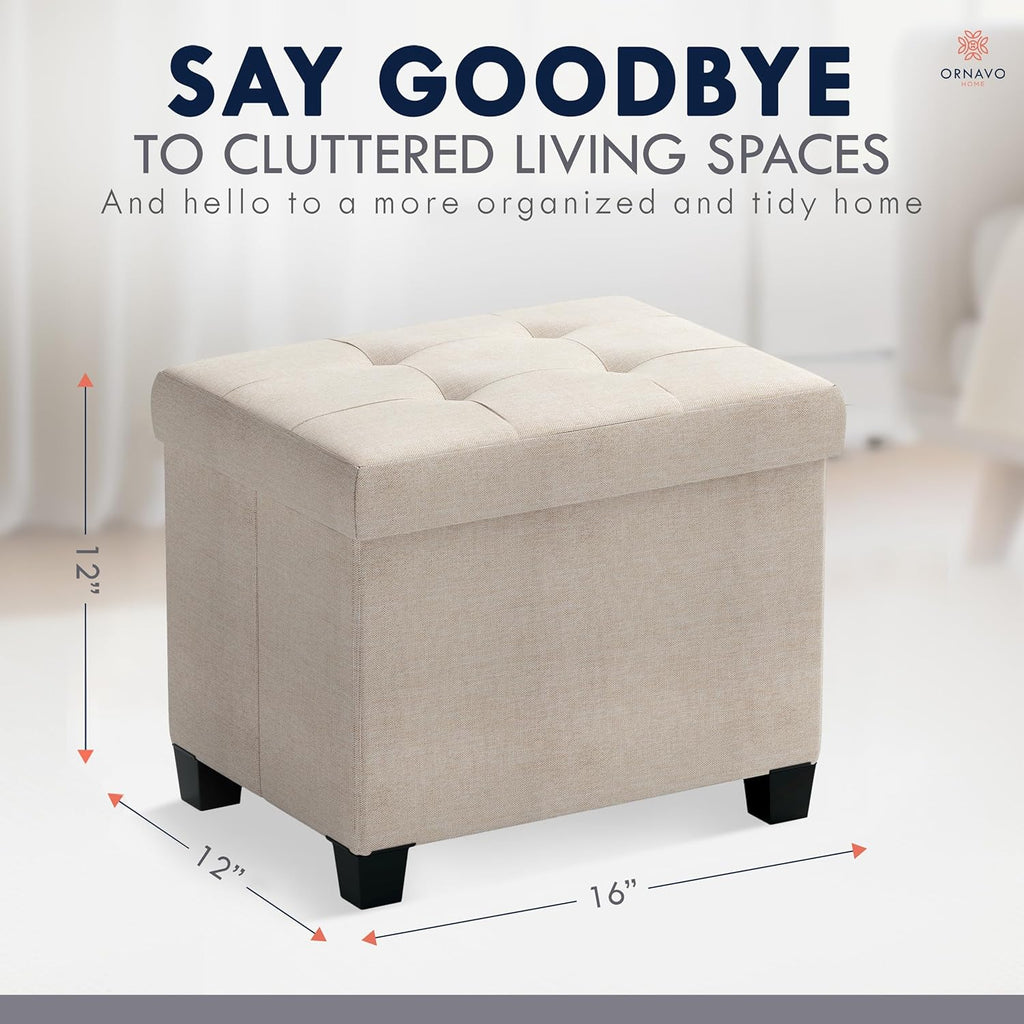 Ornavo Home Small Rectangle Storage Ottoman with Legs, 12x16x12, Beige | Foot Rest Stool Seat; Holds Up to 600 lbs; Ideal for Living Room, Bedroom, Home Office or Dorm