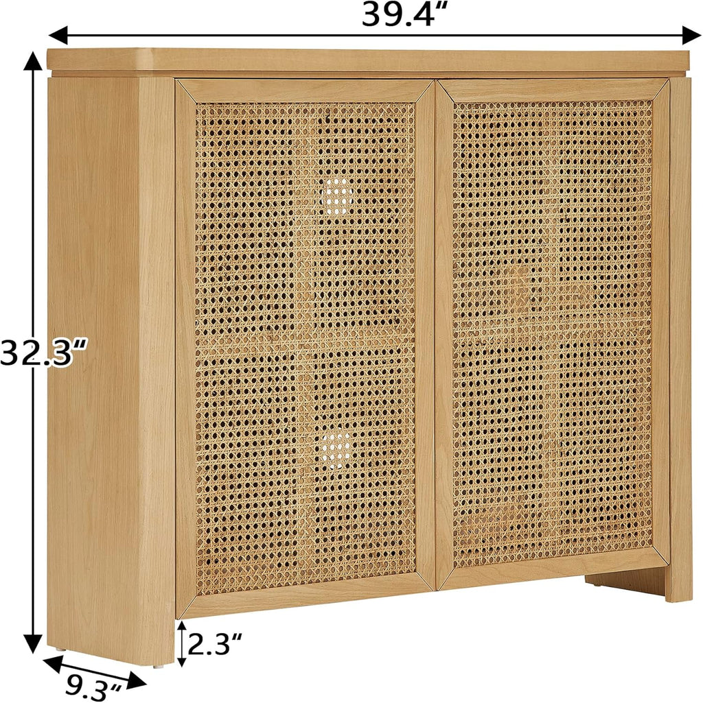 LKTART Small Sideboard Buffet Cabinet,Thin Kitchen Storage Cabinet with 2 Rattan Doors,Boho Wooden Console Table for Living Room,Entryway(39.4" Natural)
