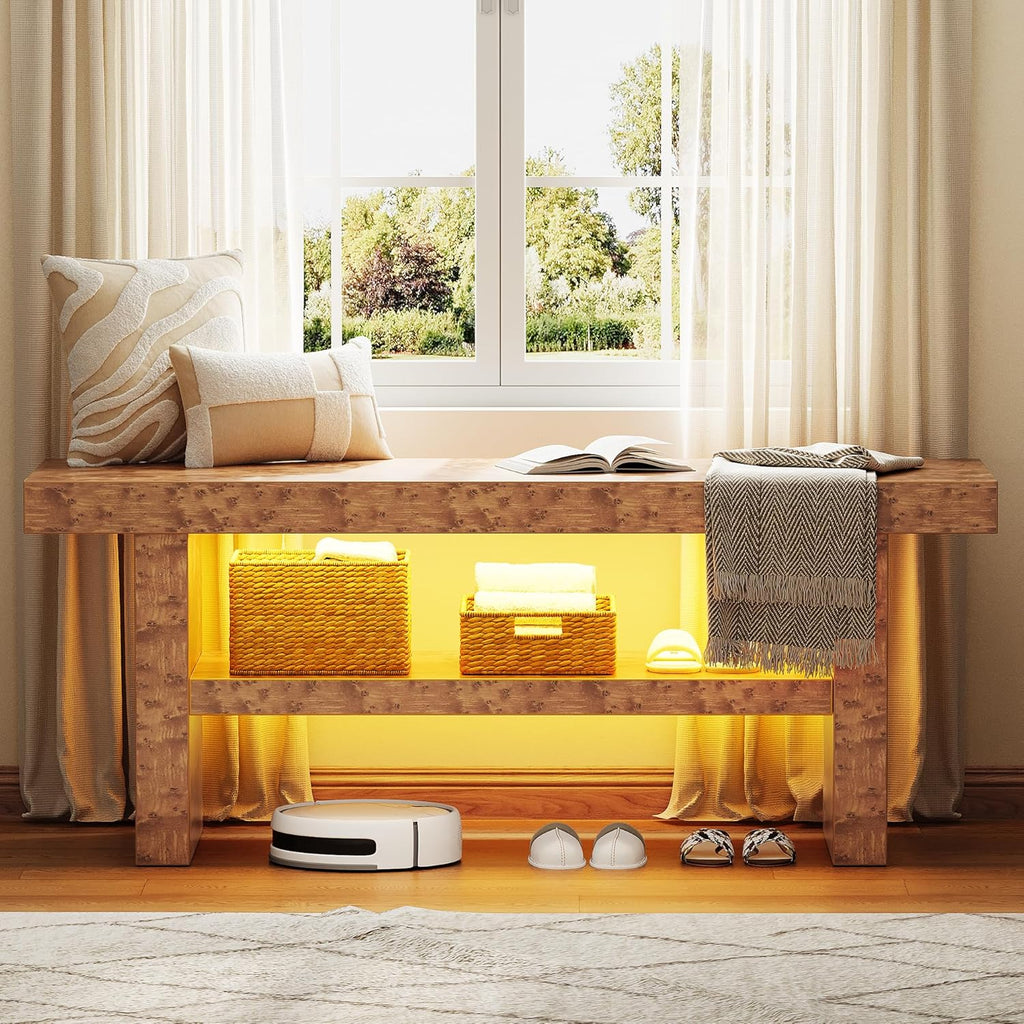 DWVO 39.4" Entryway Bench with Motion-Sensing Warm LED Light, 2-Tier Rustic Thick Wood Shoe Storage Bench for Hallway Bedroom Dressing Room or End of Bed, Burl Wood Finish
