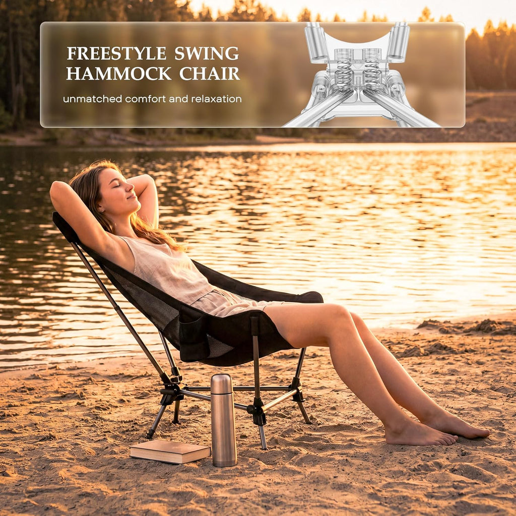 Hammock Camping Chair, Lightweight Folding Beach Lounge Chair with Adjustable Height Legs, Mesh Portable Swing Camp Chair with Cushioned Head Pillow & Armrests for Camping Beach Hiking