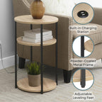Convenience Concepts Simon End Table with USB Ports 15.75" – Modern 3-Tier Round Side Table with Storage Shelves for Family Room, Industrial Style Table with Charging Station, Weathered White, Black
