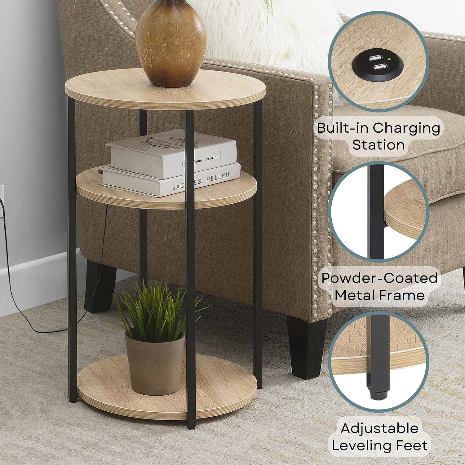 Convenience Concepts Simon End Table with USB Ports 15.75" – Modern 3-Tier Round Side Table with Storage Shelves for Family Room, Industrial Style Table with Charging Station, Weathered White, Black