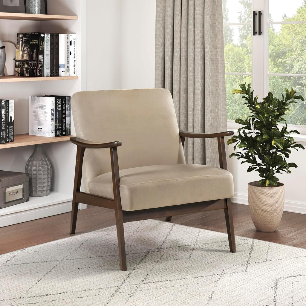 Lexicon Mid Century Modern Chair Velvet Accent Chair for Living Room Chair w/Solid Wood Armrests and Legs, Cushioned Seat and Backrest, Reading Chair and Lounge Chair for Bedrooms/Studios, Brown