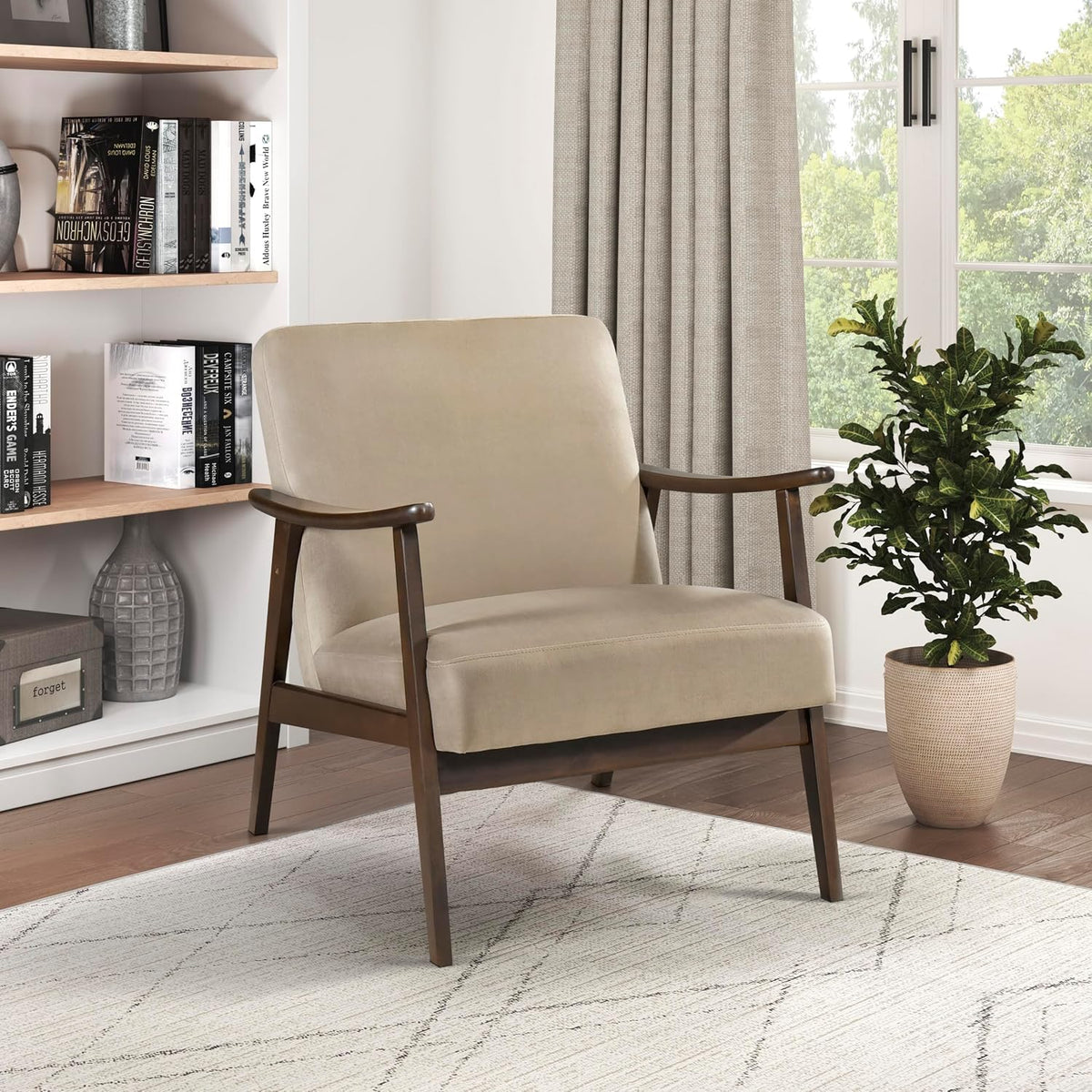 Lexicon Mid Century Modern Chair Velvet Accent Chair for Living Room Chair w/Solid Wood Armrests and Legs, Cushioned Seat and Backrest, Reading Chair and Lounge Chair for Bedrooms/Studios, Brown