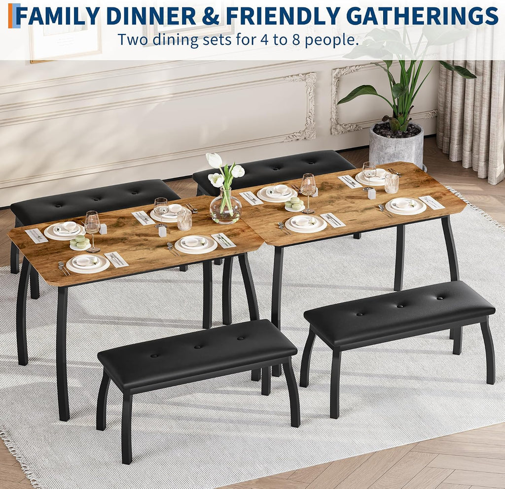 Dining Table Set for 4, 3-Piece Wooden Kitchen Table with 2 Upholstered Benches, Space-Saving Dinette Set for Restaurant, Studio, Dining Room, Home Kitchen(43''x28''x30''), Retro
