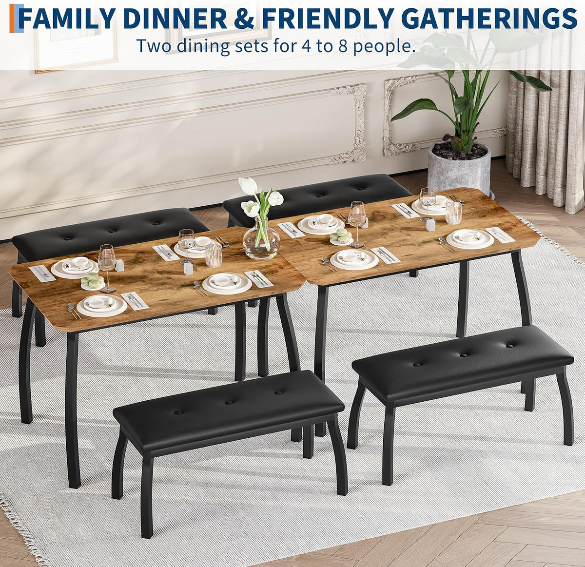 Dining Table Set for 4, 3-Piece Wooden Kitchen Table with 2 Upholstered Benches, Space-Saving Dinette Set for Restaurant, Studio, Dining Room, Home Kitchen(43''x28''x30''), Retro