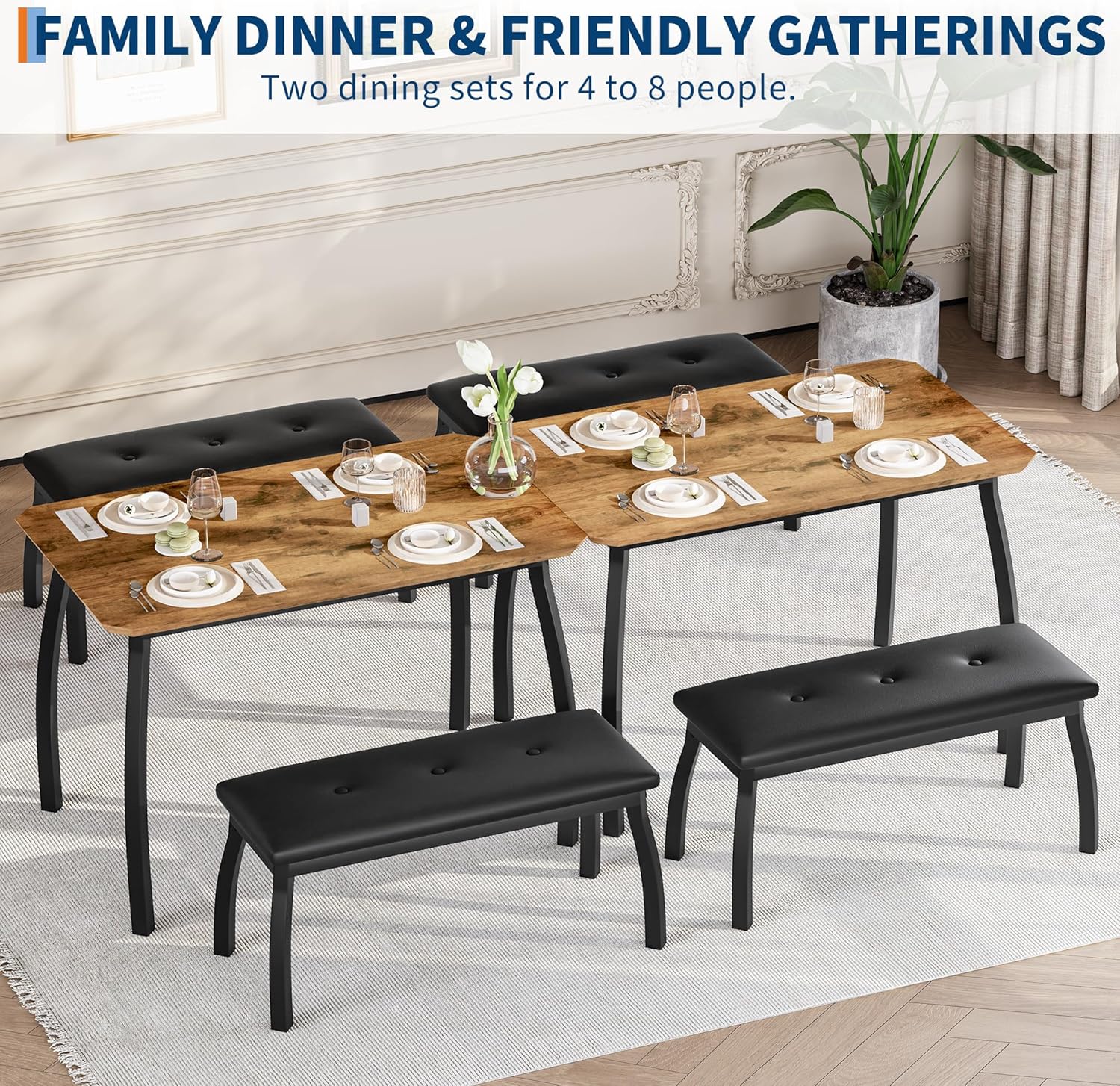 Dining Table for 4, 3-Piece Kitchen Table Set for 4 with Wooden Tabletop and Metal Frame, Industrial Kitchen Table with 2 PU Leather Benches for Bar, Dining Room, Restaurant(43''x28''x30''), Retro
