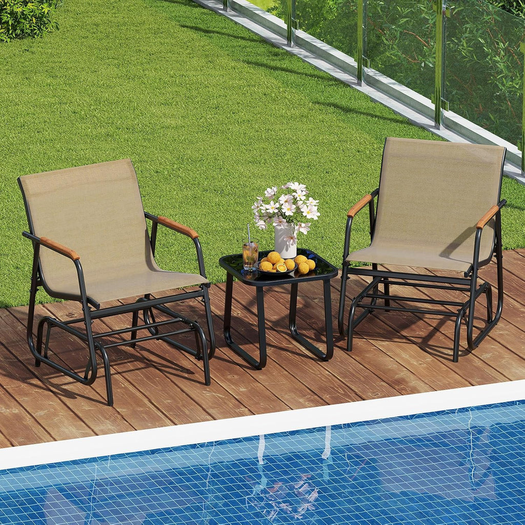 Tangkula 3 Piece Patio Bistro Glider Set, 2 Rocking Chairs w/Tempered Glass Side Table, Patio Furniture Set w/Smooth Rocking Motion, Outdoor Glider Chair Set for Porch, Yard, Balcony