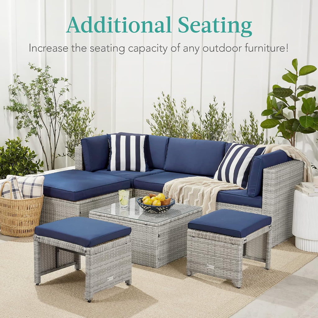 Best Choice Products Set of 2 Wicker Ottomans, Multipurpose Outdoor Furniture for Patio, Backyard, Additional Seating, Footrest, Side Table w/Removable Cushions, Steel Frame - Midnight Green/Brown